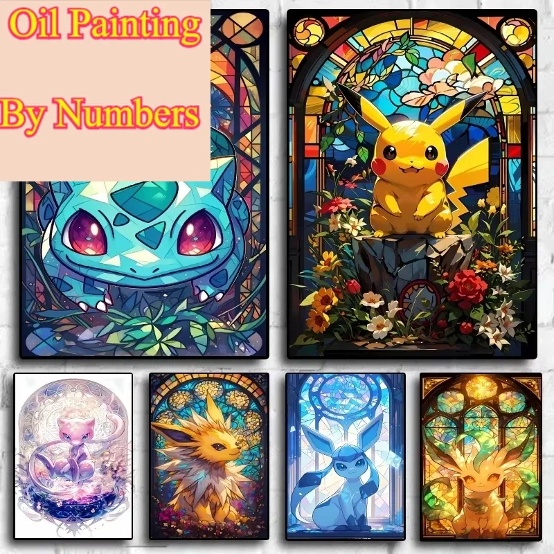 

Oil Painting By Numbers Pokemon Bulbasaur Pikachu Cartoon Characters Brightly Colored Garden Home Living Room Decor