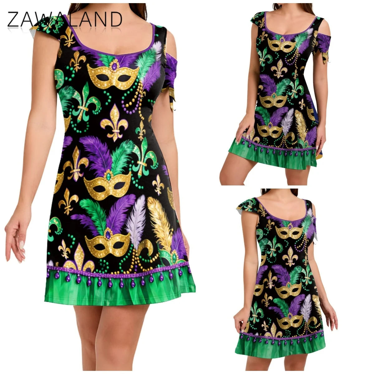 

Mardi Gras Feather Mask Print Dress Green Golden Purple Fleur-de-lis Cosplay Costume Woman Party Dress Carnival Festival Outfits