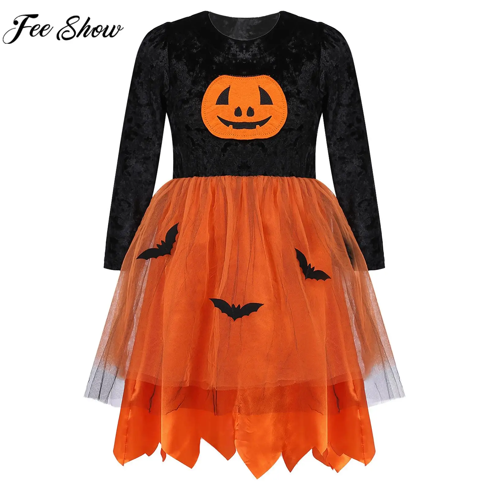 

Girls Halloween Pumpkin Bat Dress-up Clothes Long Sleeve Velvet Tulle Tutu Dress Kids Theme Party Masquerade Cosplay Costume