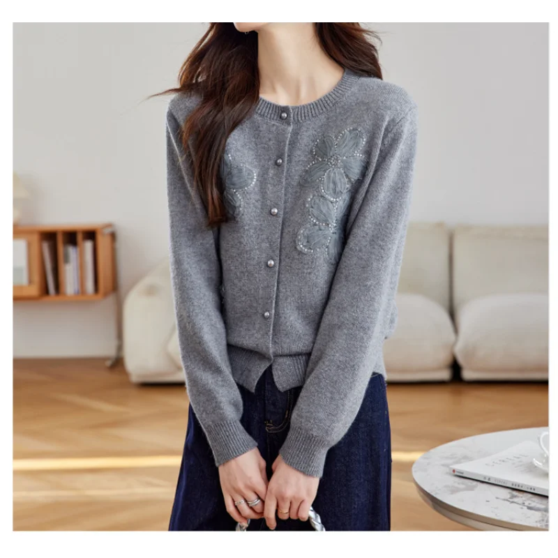 

Women's Autumn Winter New Lace Flower Sequin Beaded Crew Neck Knit Cardigan Outerwear Sweater Coat Top