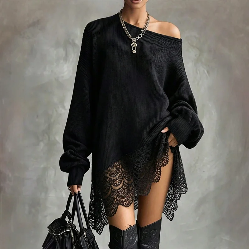 Women's Black Lace Hem Sweater Long Sleeve Crew Neck Knit Pullover Relaxed Fit Elegant Casual Fall Winter Top
