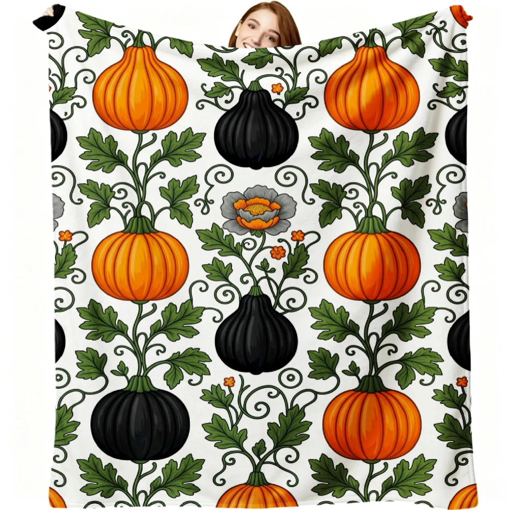 1pc Pumpkin And Black Gourd Floral Vine Print Flannel Blanket Soft Comfortable Warm Bed Cover Autumn Winter Season Home Bedroom Sofa Decor Halloween Thanksgiving Christmas Festival Gift
