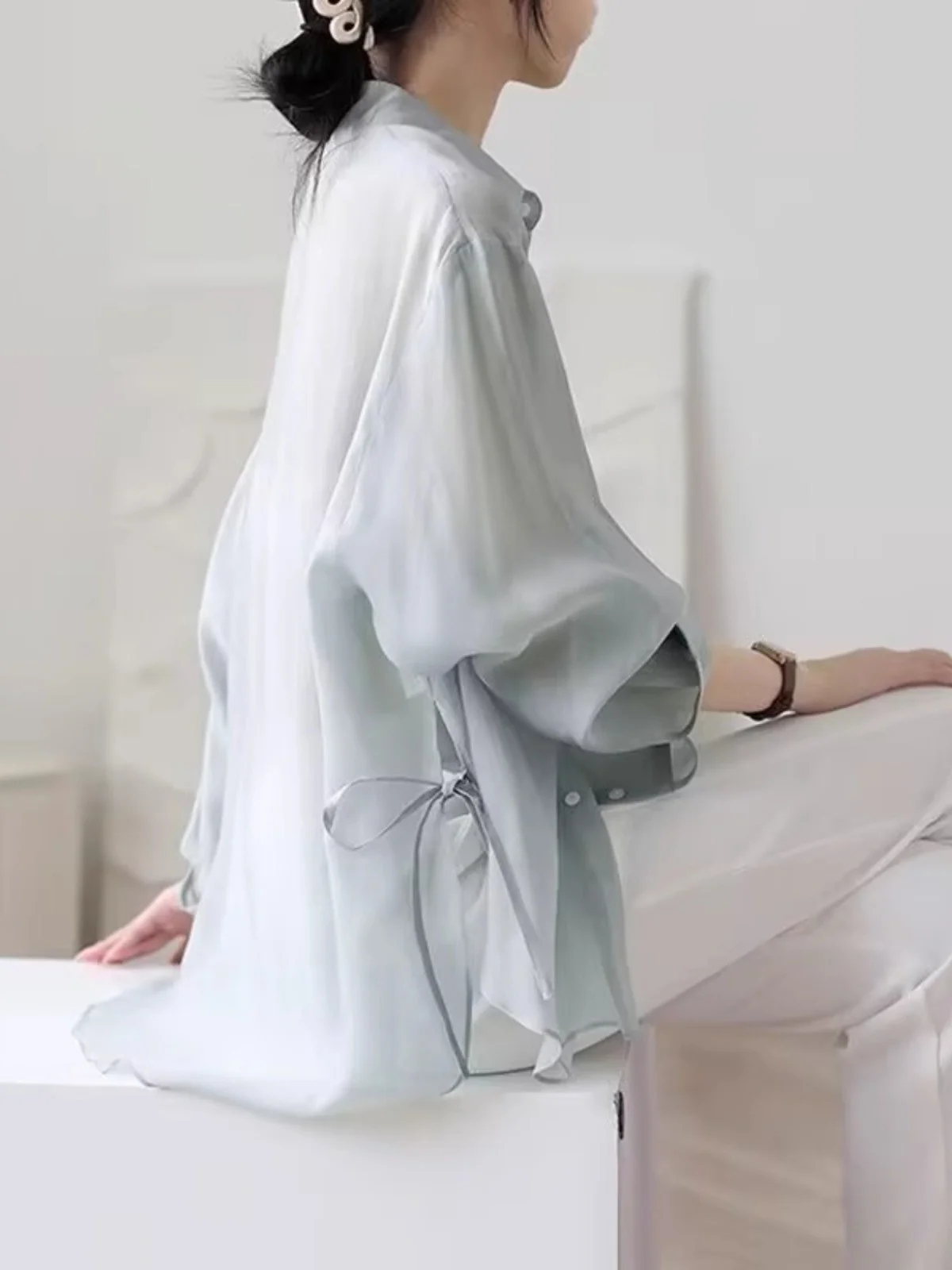 

Women's Summer Ice Silk Chiffon irt Thin Outerwear Belted Open Cardigan Sun Protection Clothing Outer Top Korean Sle Loos...