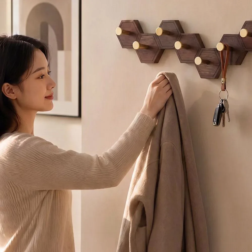 Wood Grain Hexagon Combinable Coat Hanger, Mid-Century Decor Hook with Gold Knob, Wall Mount Clothes Storage Organizer