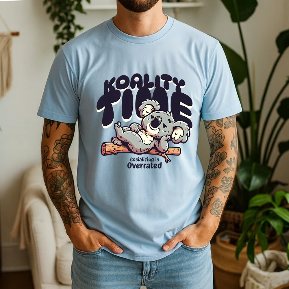 New Summer Men's 100% Pure Cotton T-Shirt Vintage Koality Time Anti-Social Koala Graphic Casual Breathable Short Sleeve