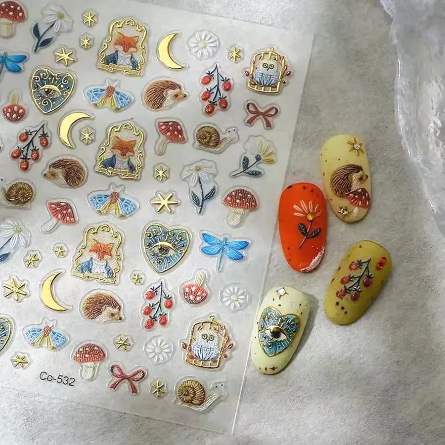 3D Embossed Gold Foil Forest Animal Nail Art Stickers - Hedgehog Fox Butterfly Dragonfly Berries Mushrooms for DIY Manicure