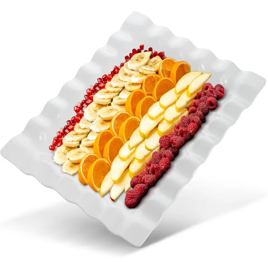

22" Rectangular Scalloped Serving Platter │Outdoor Dining and Patio Parties │Shatterproof and Dishwasher Safe White