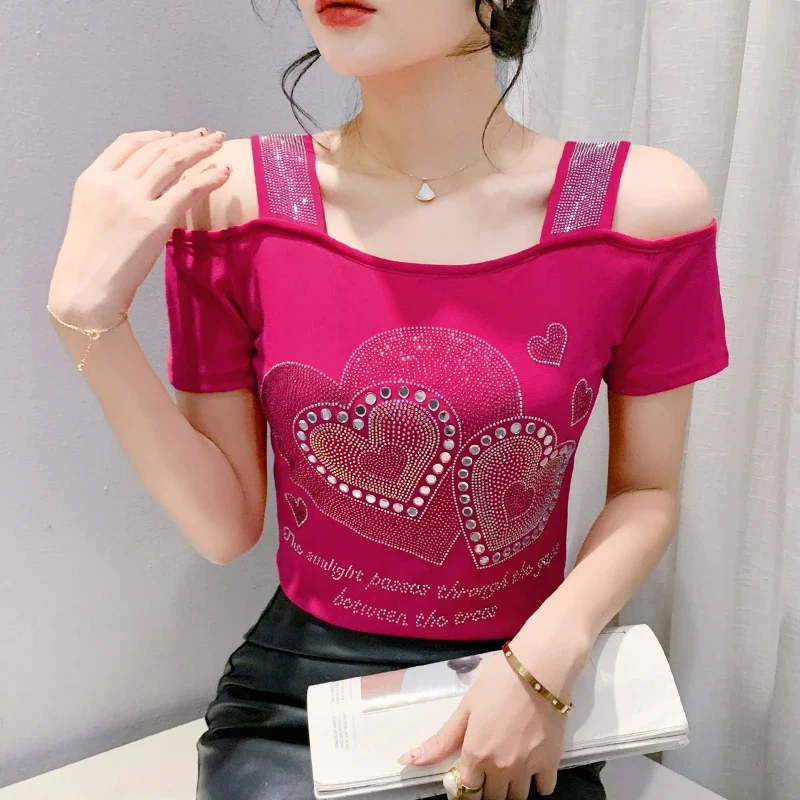 Elegant Slim Hot Drilling Luxury Tee Tops New 2025 Summer Short Sleeved Off The Shoulder Women's T-Shirt