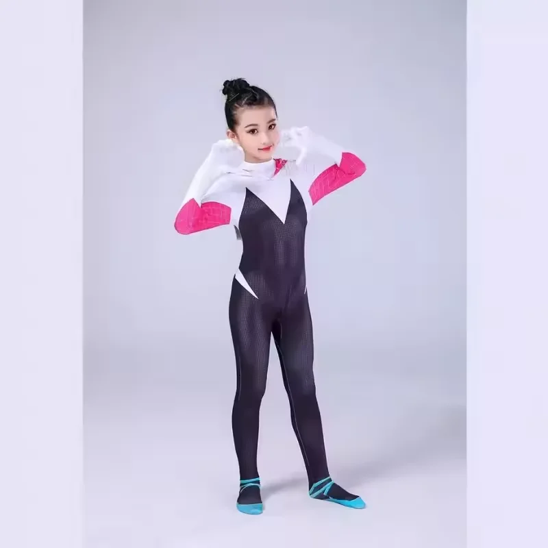 بدلة أطفال سبايدر جوين التأثيرية للبطل الخارق Gwendolyn Maxine Stacy ثلاثية الأبعاد Zentai للهالوين زي لعب الأدوار قناع بقلنسوة