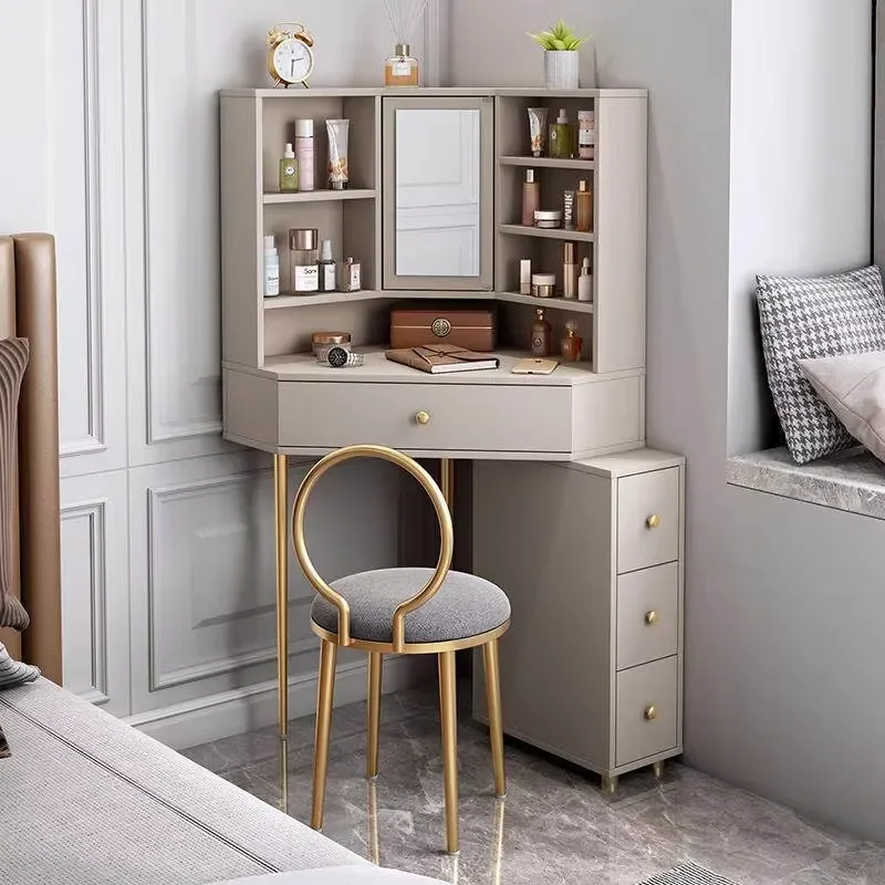 Light Modern Corner Bedroom Furniture Triangular Dressing Table with Integrated Storage and Folding Mirror