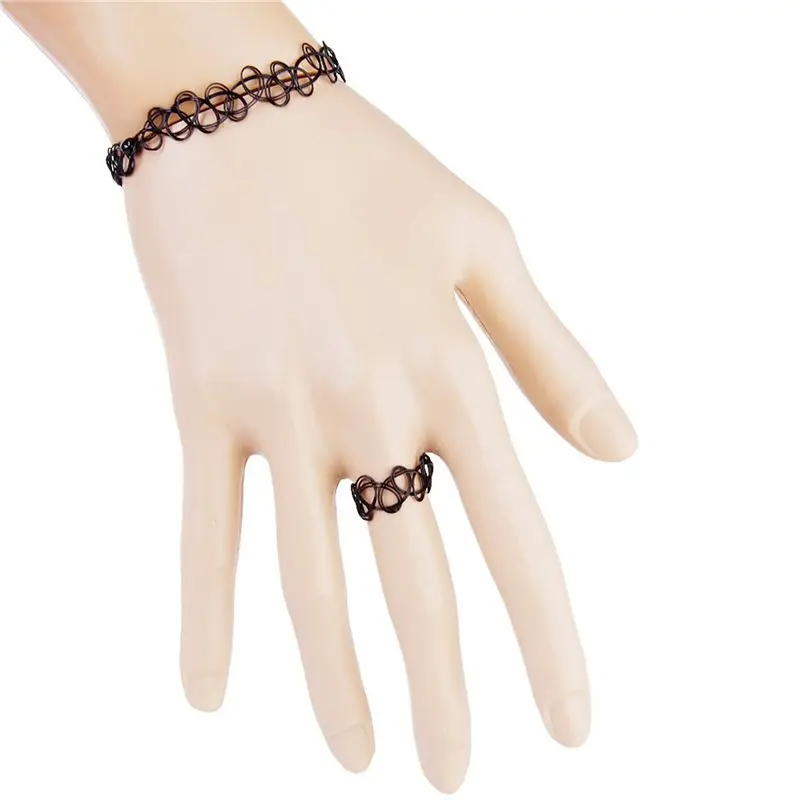 5X Vintage Boho Tattoo Choker Elastic Stretch Necklace Ring Bracelet Set Retro Henna