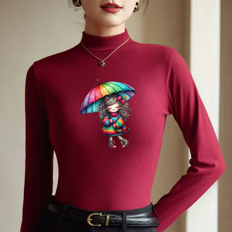 Winter Women's Thermal Brushed Fleece Half Mock Neck Long Sleeve T Shirt Rainbow Umbrella Girl Smiling Graphic Warm Tee