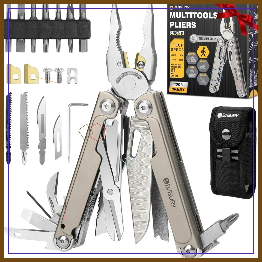 

Titanium Multitool with Damascus Knife, EDC Replaceable Wire Cutters, Scissors, Screwdriver Bits for Camping, Survival, Repair