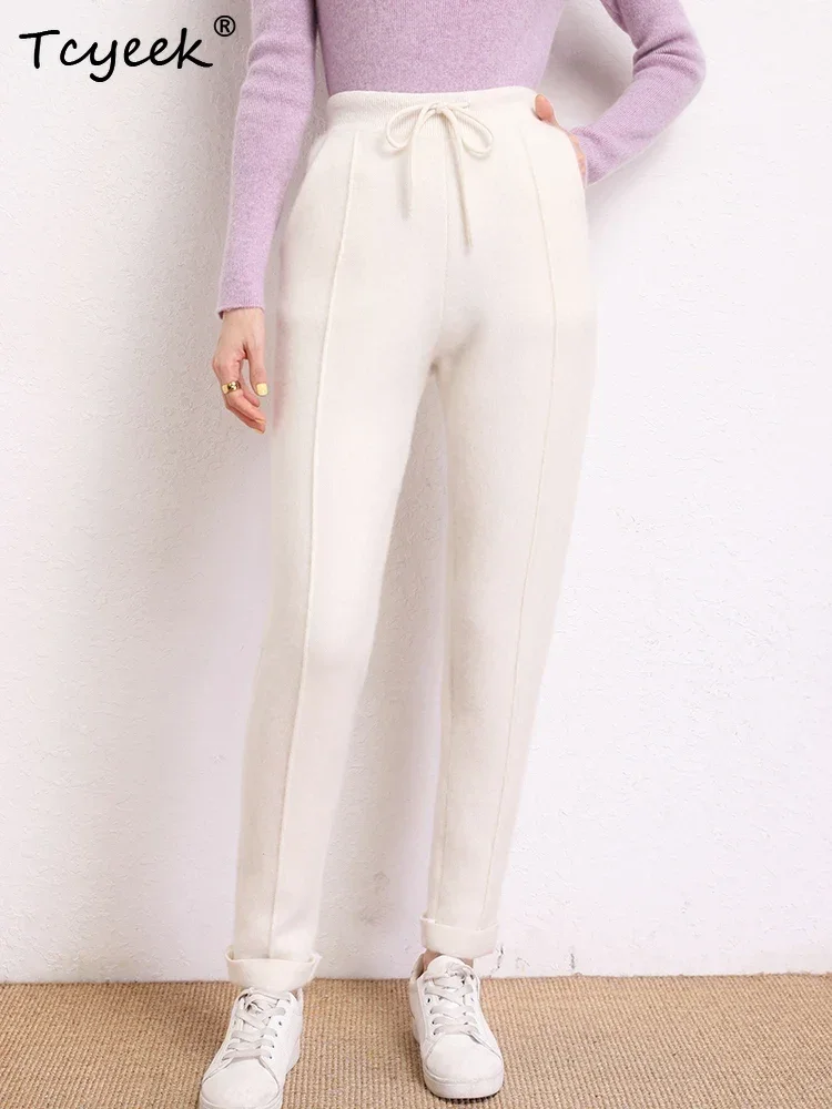 Smart Casual Women's Trousers 100% Cashmere Pencil Pants Autumn Winter Trousers Warm Lace-up Pocket Trousers Cozy Classic Pants