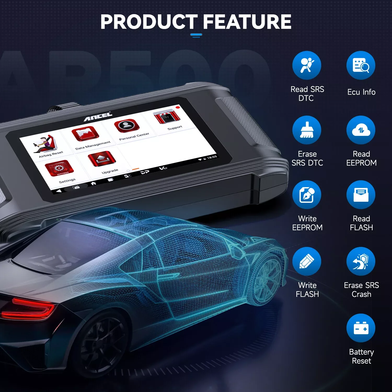 ANCEL AR500 سيارة obd2 الماسح الضوئي SRS واضح وسادة هوائية وحدة إصلاح قراءة EEPROM مجموعة أدوات تحطم إعادة تعيين البيانات obd2 رمز القارئ