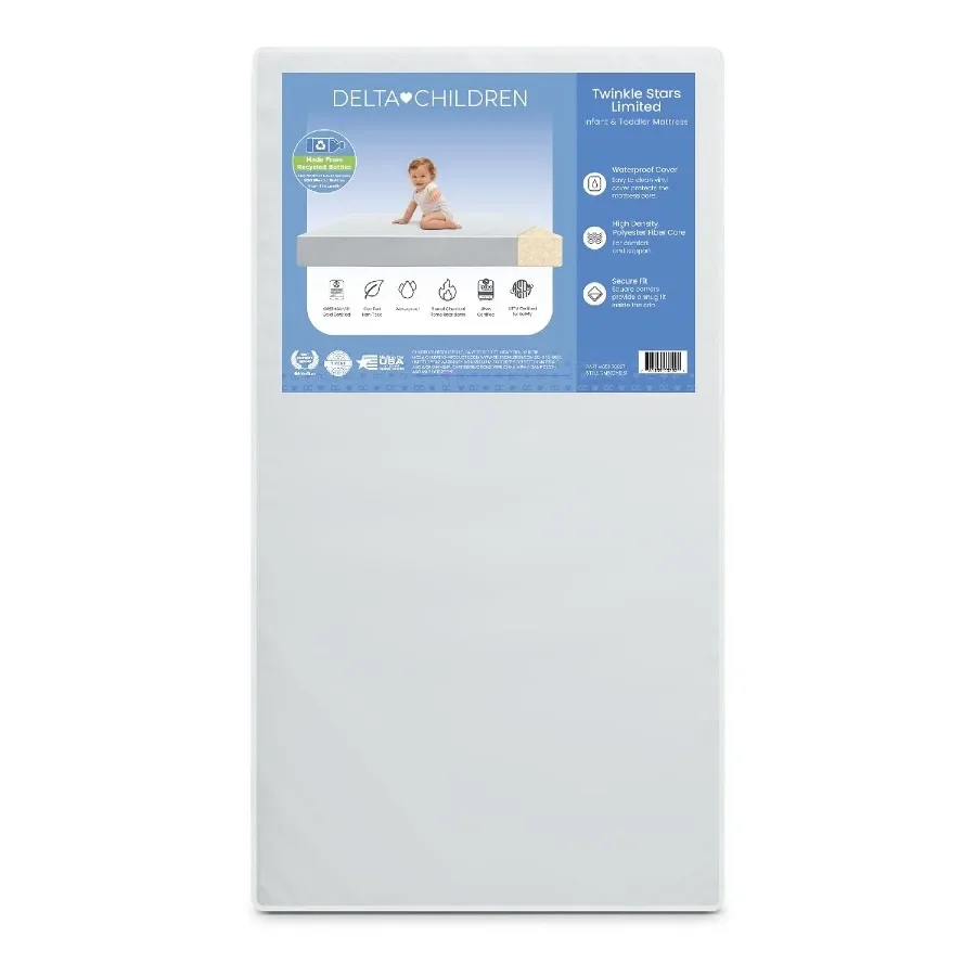 Crib and toddler mattress for nursery use, recycled fiber core with waterproof cover, white, GREENGUARD Gold certified, 7-year