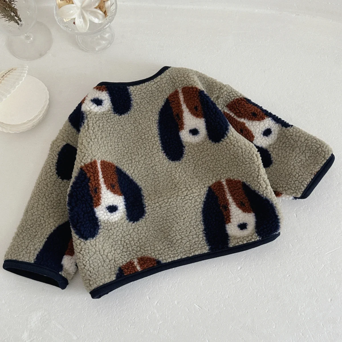 Baby Unisex Sherpa Fleece Outerwear Cartoon Dog Pattern Round Neck Button Jacket Thick Warm Coat for Toddler Boys Girls