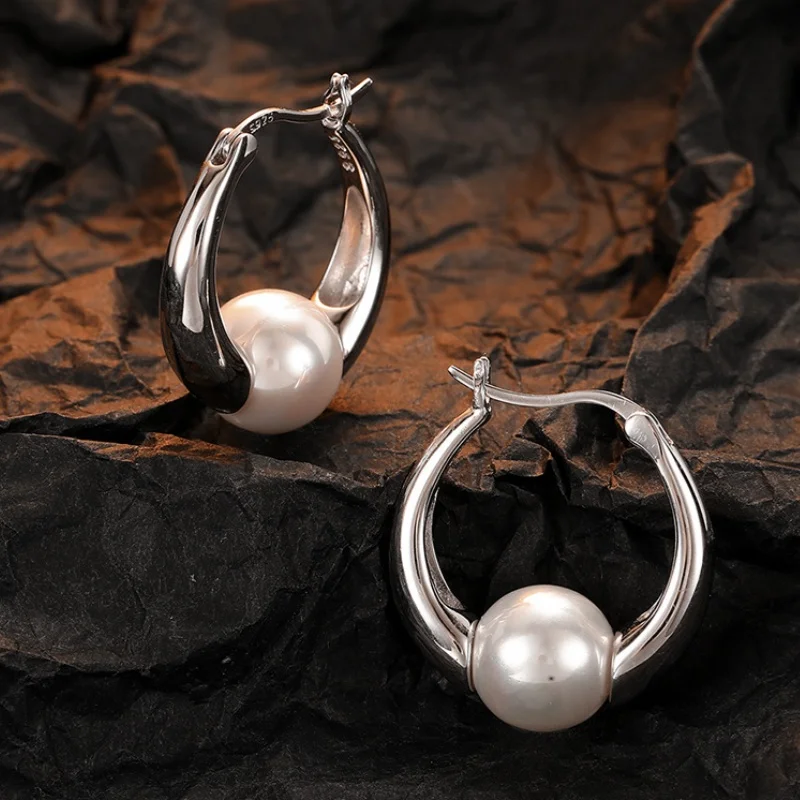 

BOCAI S925 Sterling Silver Earrings for Women New Fashion Smooth Surface Simple Ear Clips Inlaid Pearl Jewelry
