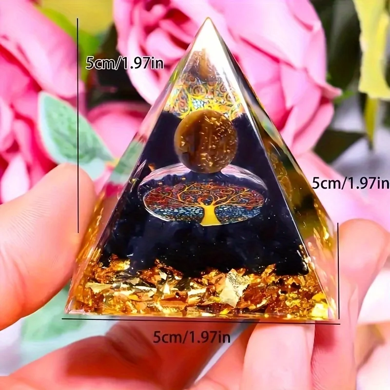 1pc Orgone Crystal Tree Of Life Pyramid Energy Generator, Natural Tiger Eye Stone Obsidian Pyramid, Meditation Pyramid