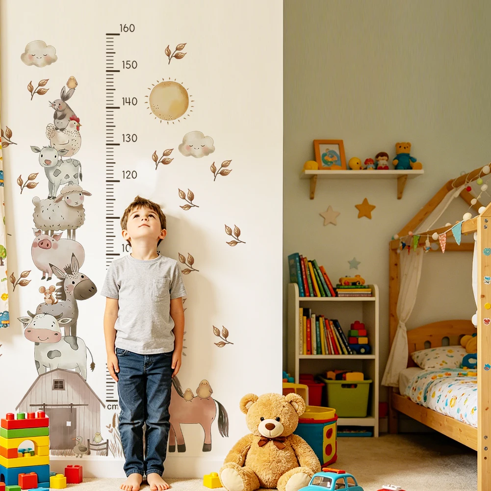Farm Animal Height Chart Wall Stickers Cow Pig Sheep Horse Growth Ruler Kids Nursery Decor