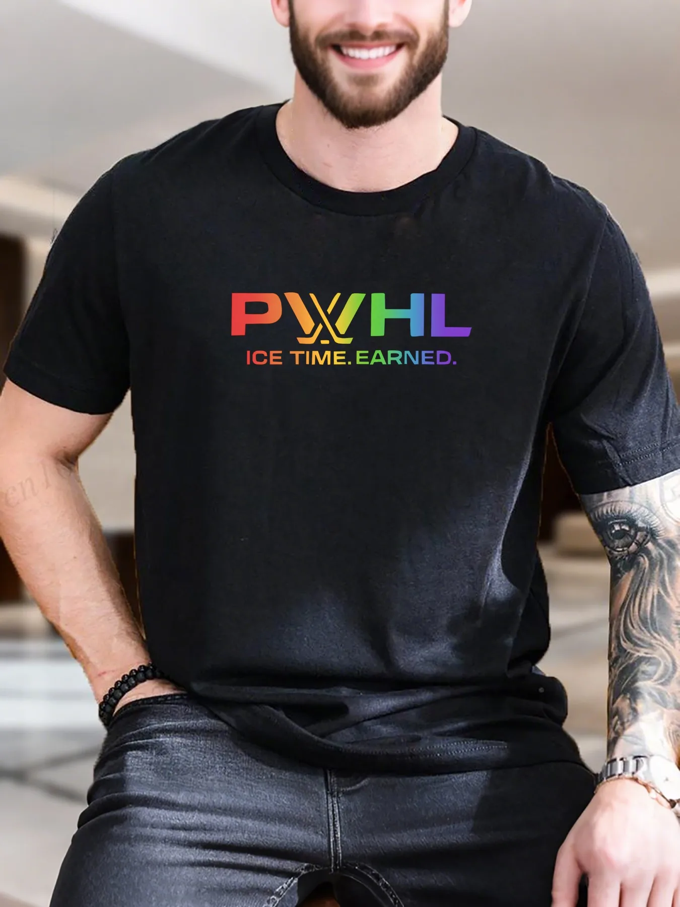 

Men's Rainbow Print Cotton T-Shirt - Trendy Pw Letter Design, Breathable & Comfortable, Casual Outfit Essential, Pure Cotton Soft