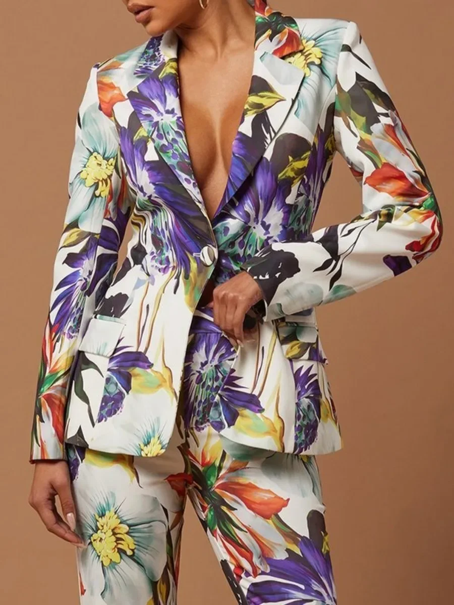 Jennifer Floral Printed Long Sleeves Blazer Jackets 2024 New Floral Printed Split-Joint Long Sleeves Lapel Suit Outerwear Blazer