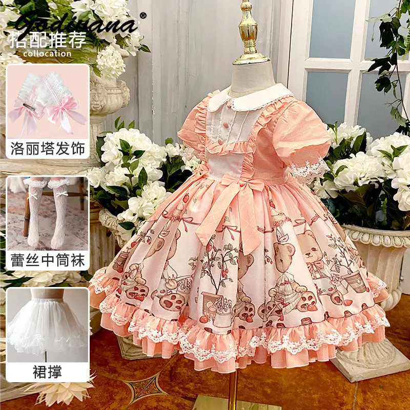 Baby Girls New 2026 Summer Pink Lolita Princess Dress Kids High End Cartoon Print Puff Sleeve Doll Collar Lace Trim Bow Gown