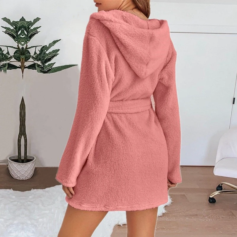 Women Winter Fleece Bathrobe Solid Color Short Side Pockets Lightweight Soft Flannel Plus Size Terry Bathrobe Hooded Sleepwear