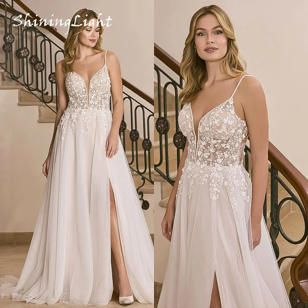 

ShiningLight Sexy Spaghetti Straps Tulle Wedding Dresses Slit V Neck Illusion Applique A-Line Beach Lace Bride Gowns Customized