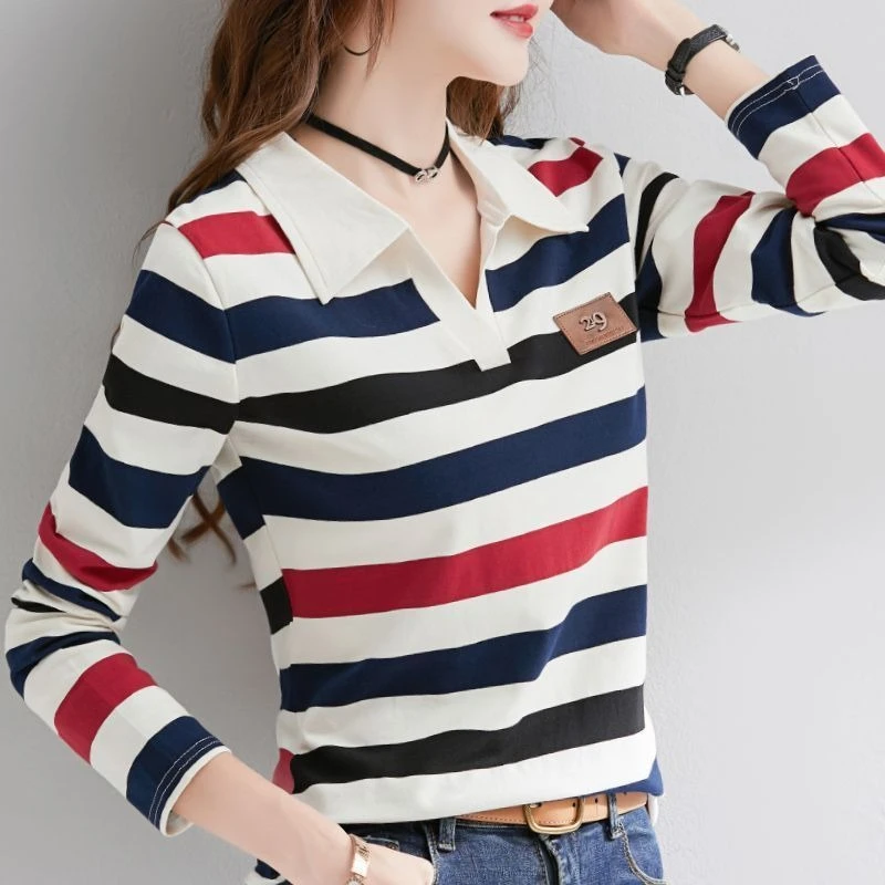 

Women’s 100% Cotton Long Sleeve Tee 2026 Striped Polo Collar Top Elegant Basic Layer Niche Design Casual Chic for All Seasons