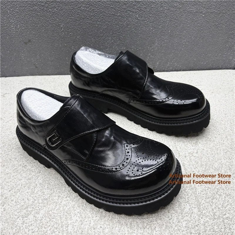 Men's Black Leather Brogue Shoes Perforated Buckle Strap Slip On Leather Dress Shoes Thick Sole Business Casual Platform Shoes