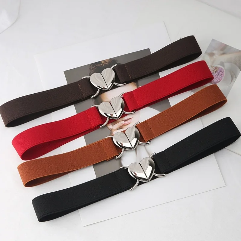 Fashion Elastic All-match Belts For Women Black Color Metal Love Buckle Belt Casual Ladies Suit Dress Sweater Coat Waistband
