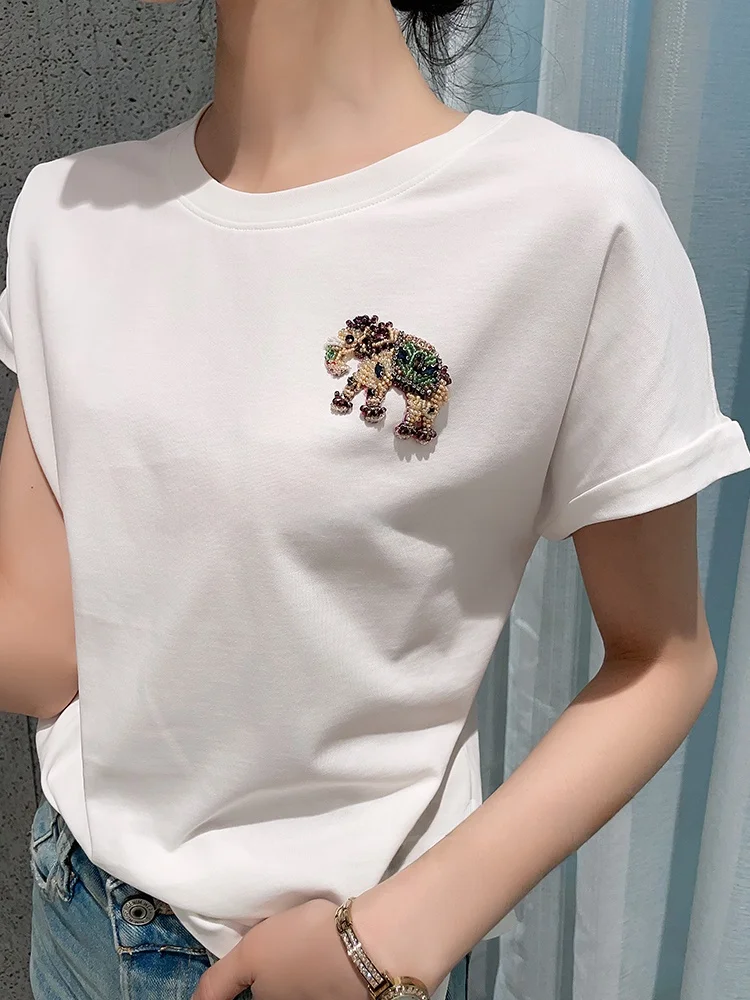 

Summer New Sle Agel Elephant Bead ort Sve Pure Color Versatile T-irt Women Commute Sle Print Cotton Regular Fit