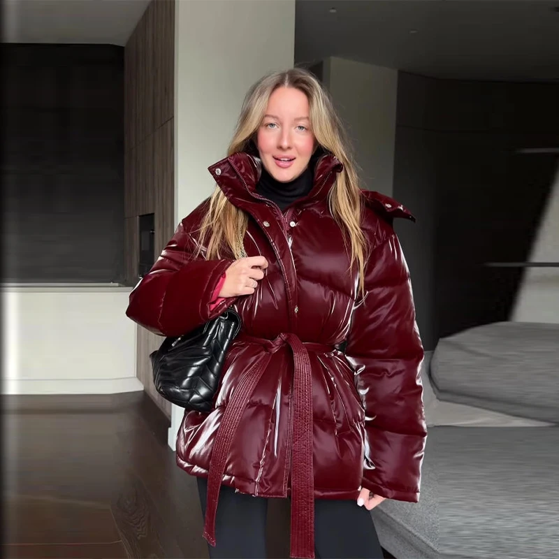Chic Reflective Fabric Lace Up Hooded Cotton Jacket Women Stand Collar Full Sleeve Zipper Warm Overcoat 2026 Winter Lady Outwear