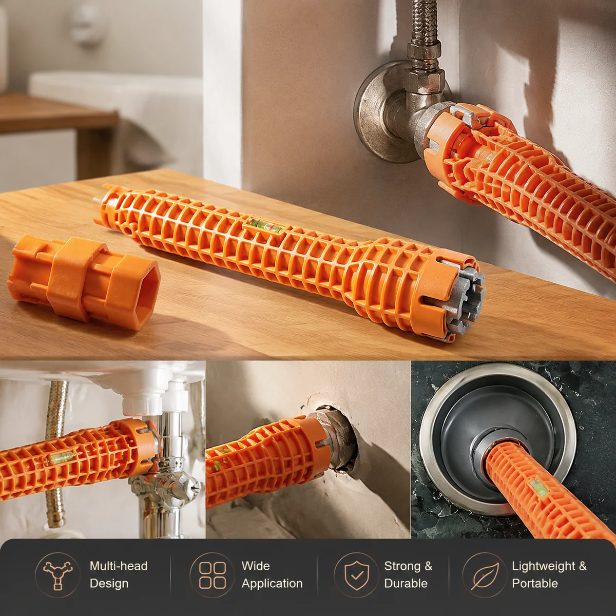 3-in-1 Plumbing Wrench Multi-Head Sink Faucet Tool with Level, Anti-Slip Handle for Pipe Nuts Angle Valves