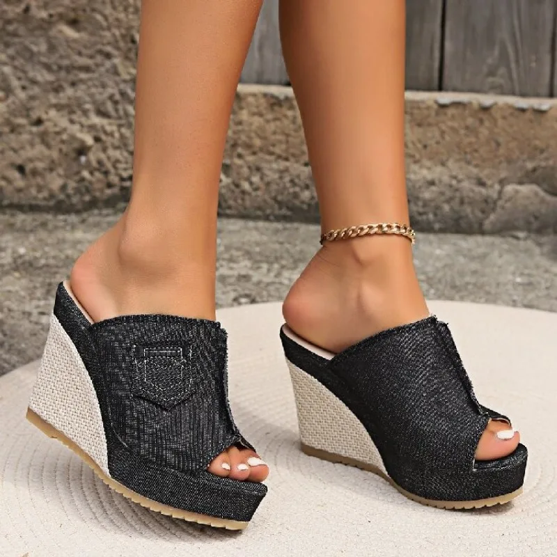 2025 New Summer Women's Slope Heel Cool Slippers Thick Bottom Denim Fabric Simple Fashion Fish Mouth Drag Woman Shoes