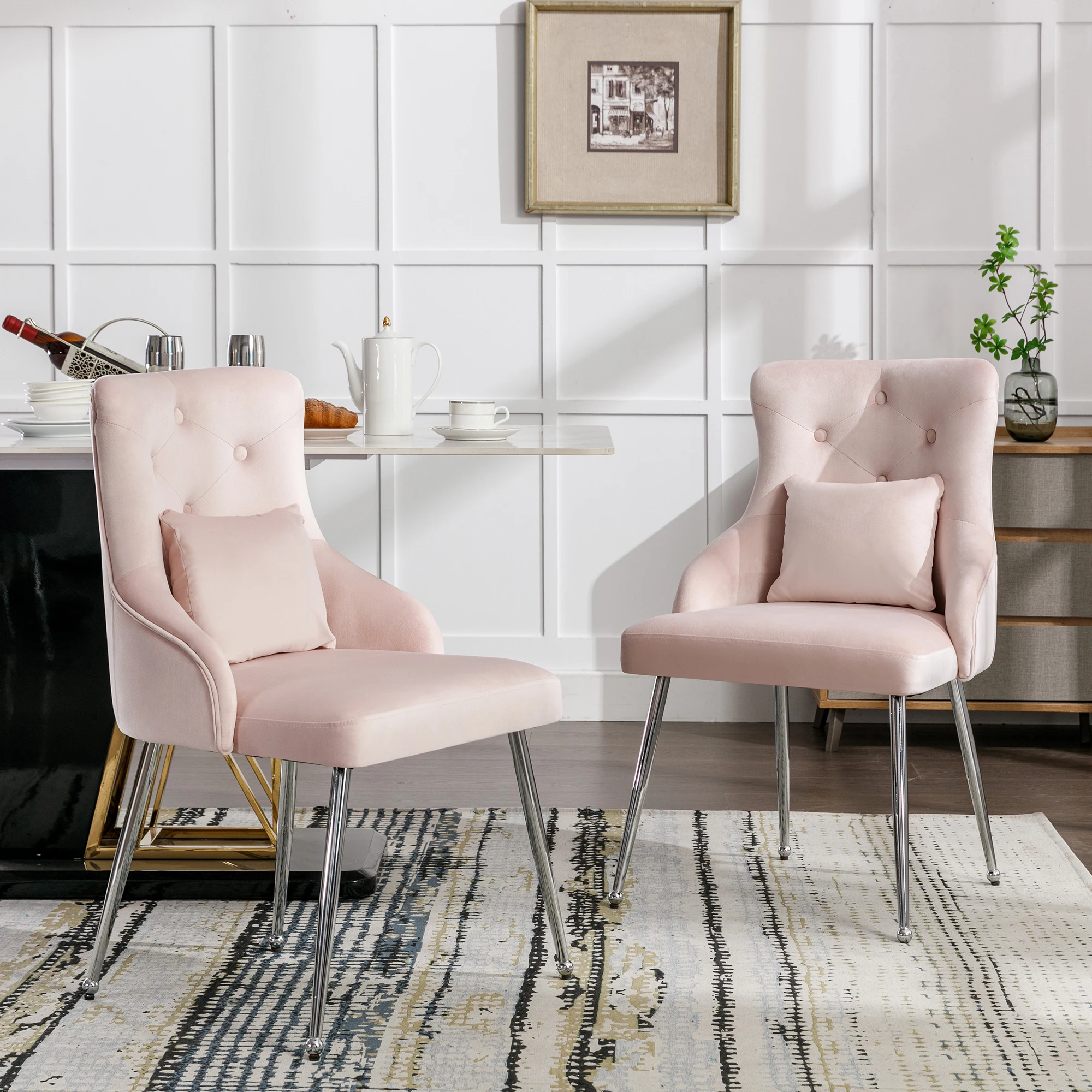 VSOGA Set of 4 Button Pattern Dining Chair Upholstered armchair Metal-legs chairs Modern Lounge armchair Bedroom Living Room Chair with Lumbar Pillow Pink