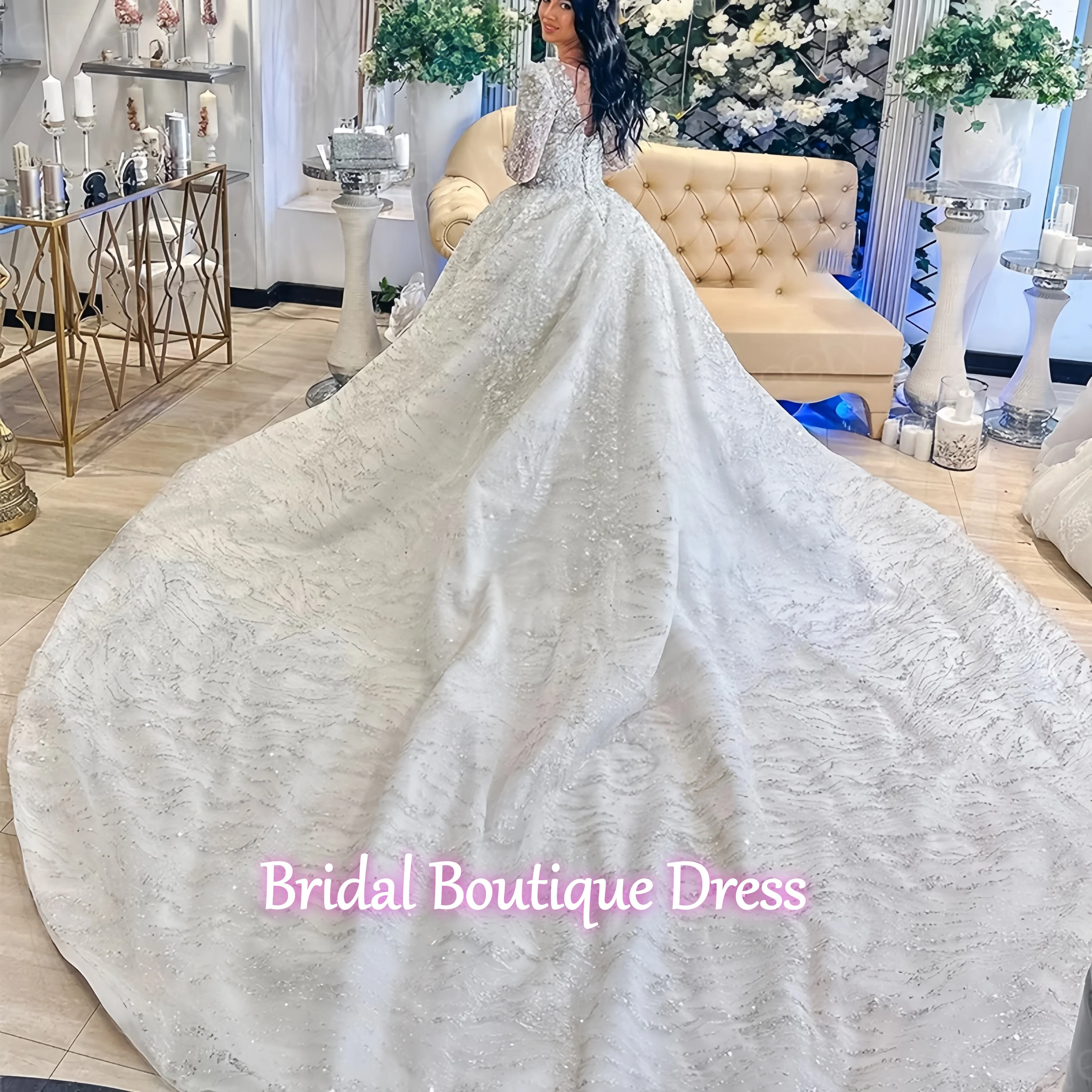 カスタマイズされた高級ビーズのウェディングドレスオーガンザ刺繍スパンコール夜会服Oネックフルスリーブブライダルレースアップベスティドデノビア