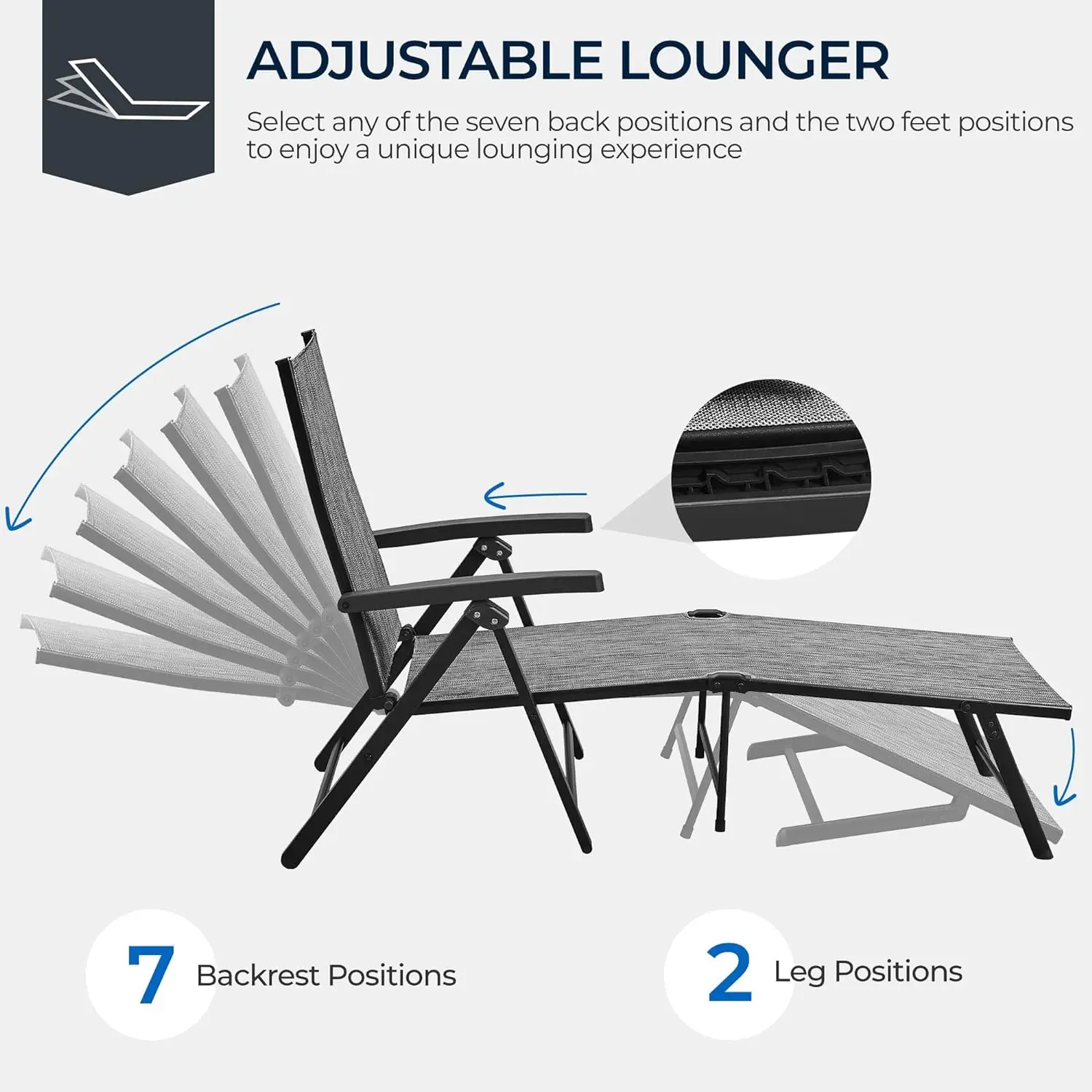 Ensemble de chaises longues inclinables pliantes pour l'extérieur, avec dossier réglable à 7 positions, pour plage, piscine, jardin, terrasse grise, lot de 2