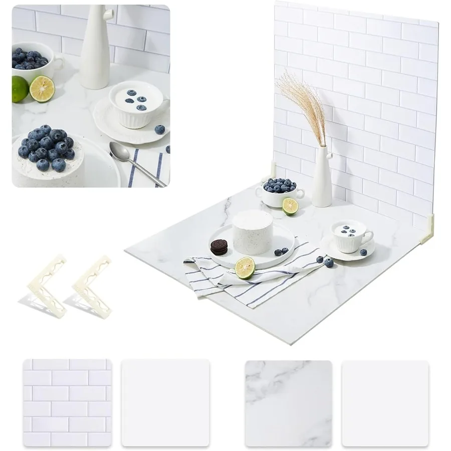 

2 PCS Boards Photo Backdrop for Flat Lay Food Photography Background 24x24 Inch White Marble Subway Tile Tabletop Backdrop Boar