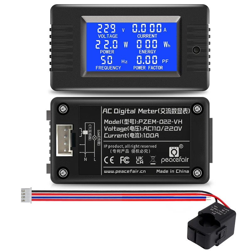 PZEM022VH New 6in1 AC 80V-260V 100A Digital Voltmeter Ammeter Voltage Current Tester Power Energy Frequency Power Factor Meter