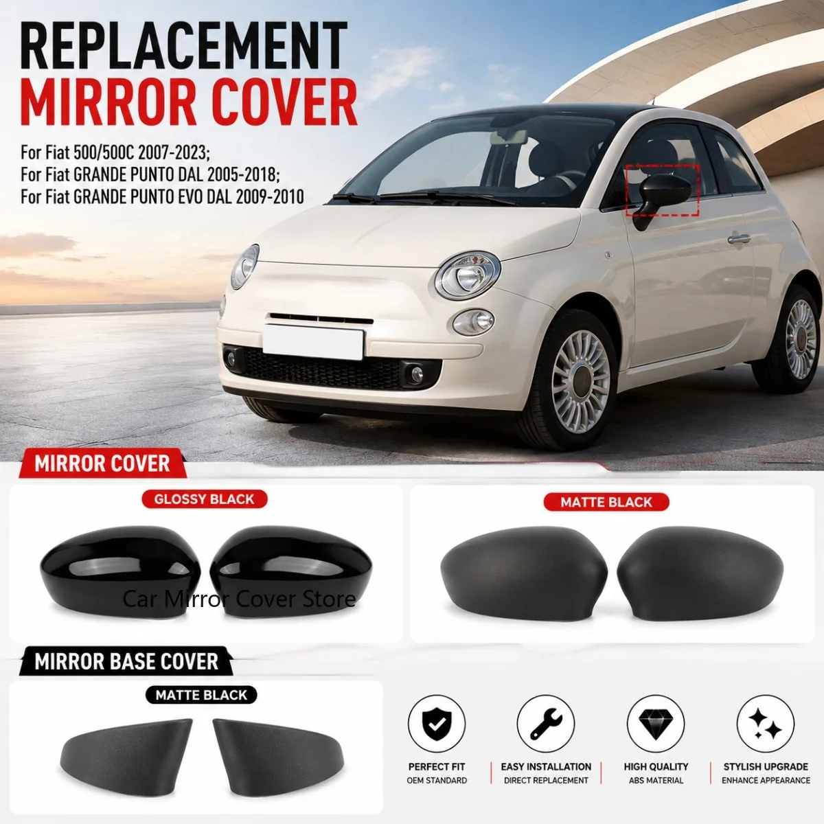 Pair Mirror Cover/Bottom Cover For Fiat 500/500c 2007-2023 For GRANDE PUNTO DAL 2005-2018/EVO DAL 2009-2010 Door Wing Mirror Cap