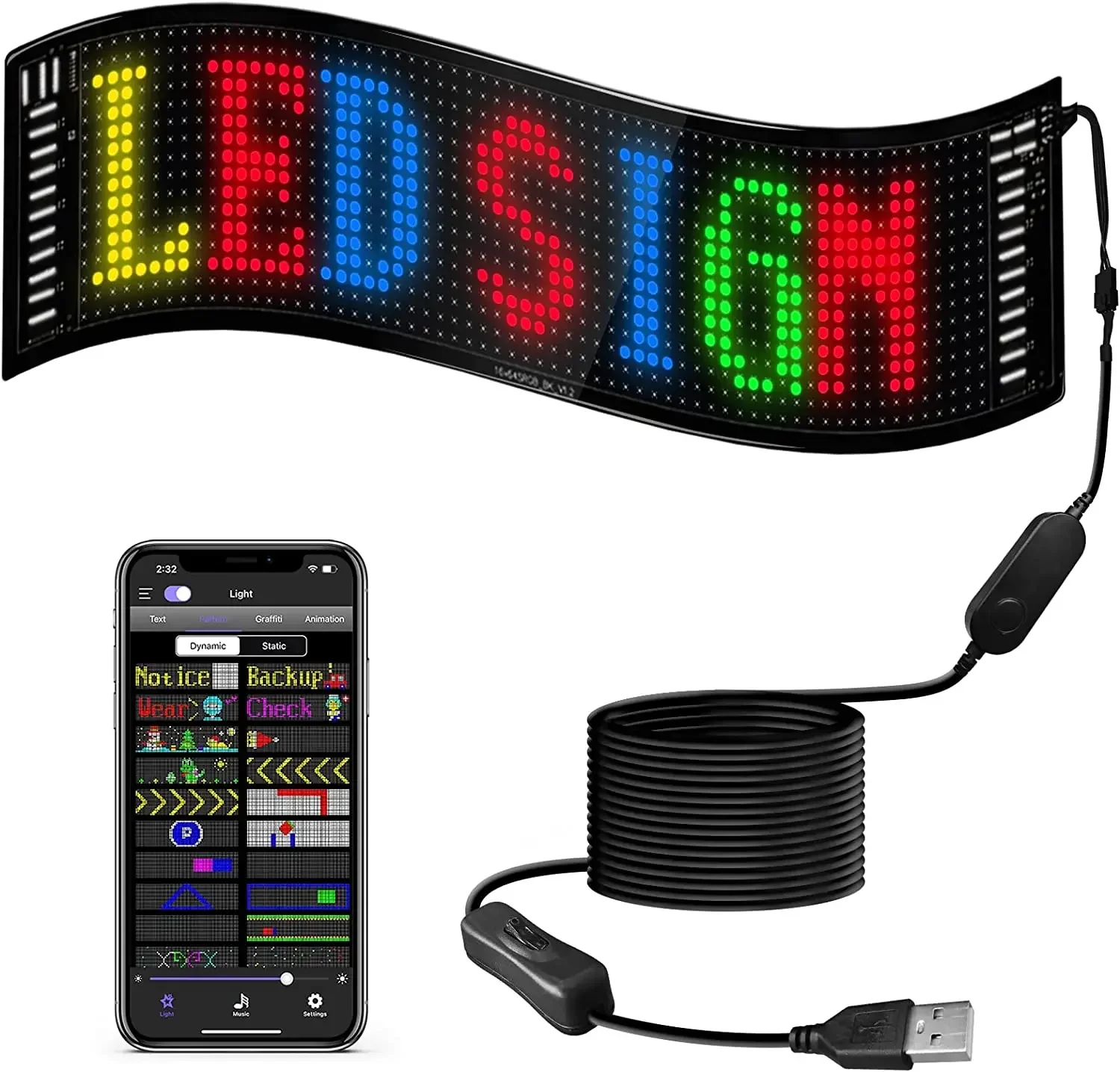 

5V Flexible Addressable LED Matrix Pixel Panel RGB Pattern Graffiti Scrolling Text Animation Display Car Shop Bluetooth APP