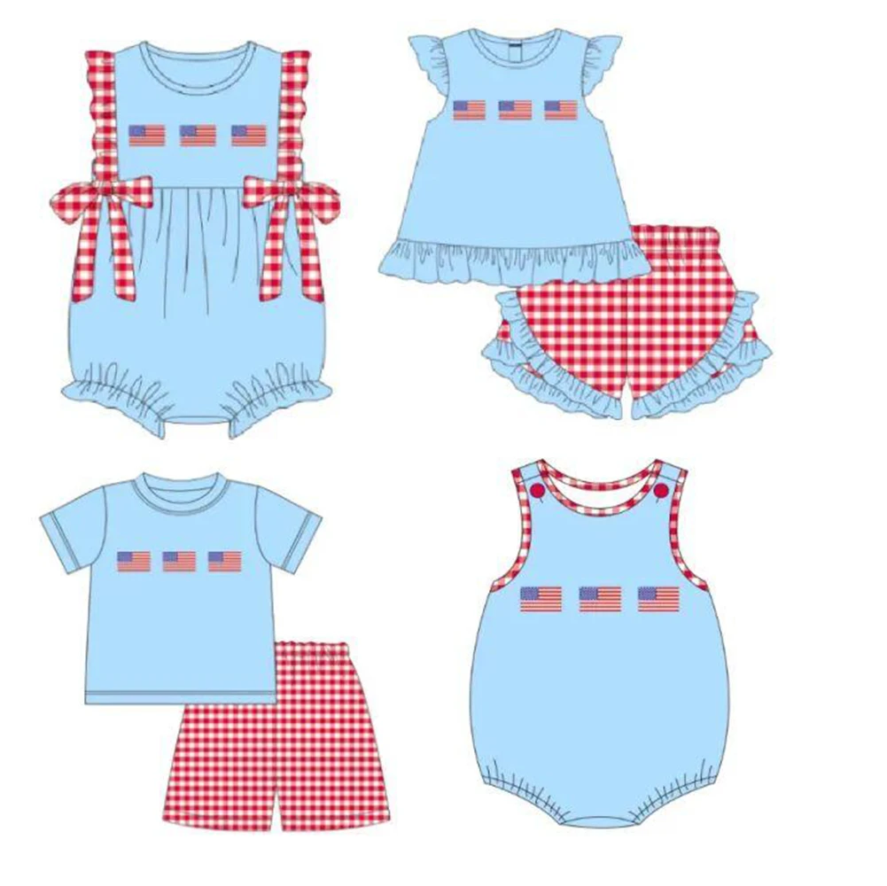 7.4 Independence Day Suit Children's Summer Clothing Flag Printed Blue Clothes Red Plaid Elements Customized Milk Silk Wholesale