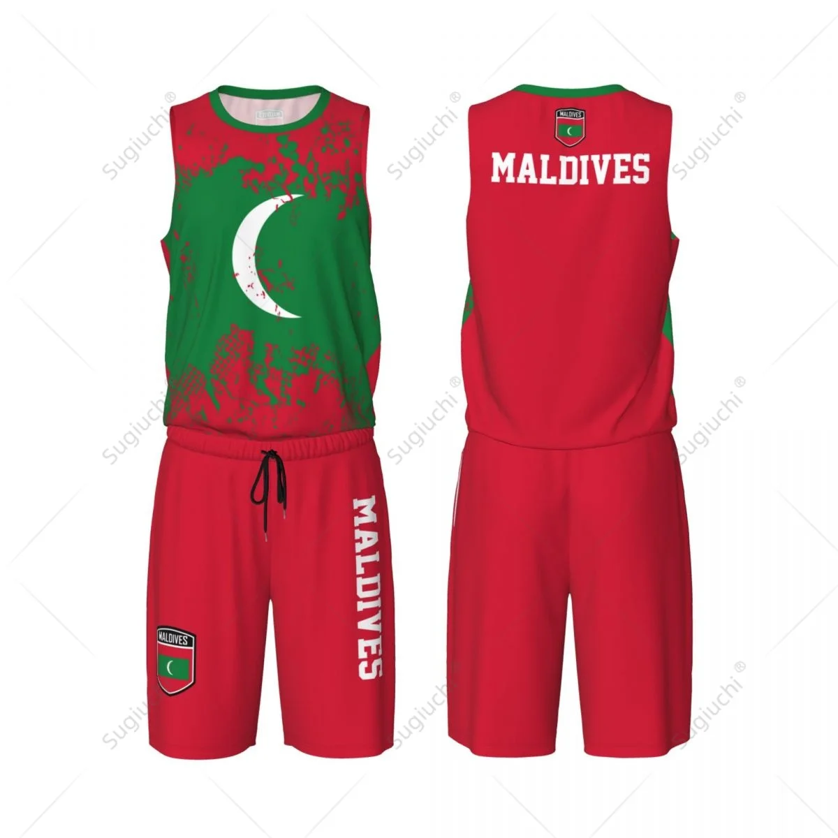 Maldives Flag Grain Men Basketball Set Shirt & Pants Sleeveless