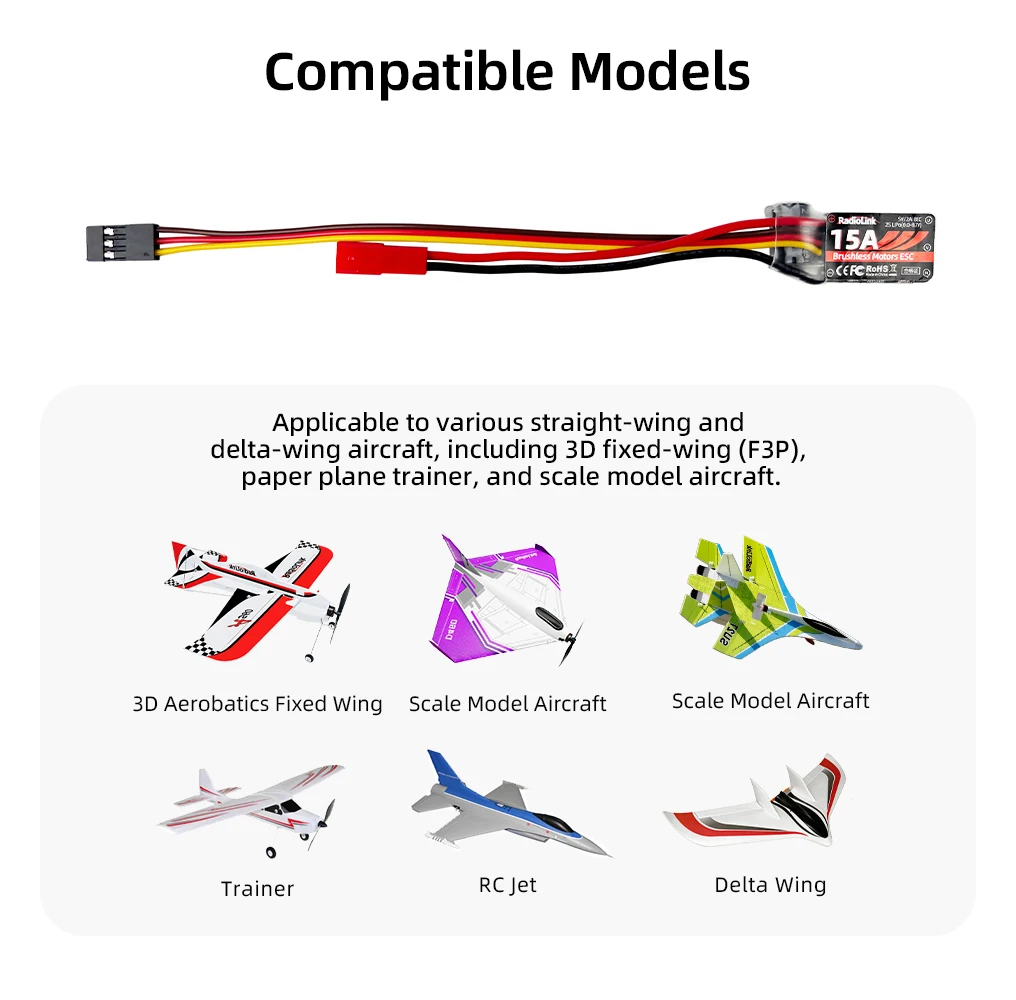 Radiolink 15A 2S ESC Speed Controller for Brushless Motors Built in 5V/2A BEC for RC Airpane Fixed Wing A560 SU27 D460 Aircraft