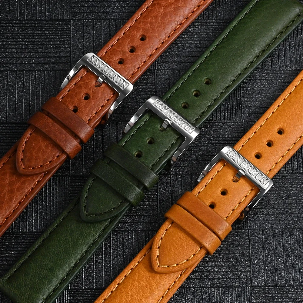 San Martin Quick Release Leather Strap Suitable For 20mm General Type Watch Bands 316L Stainless Steel Buckle Watch Parts