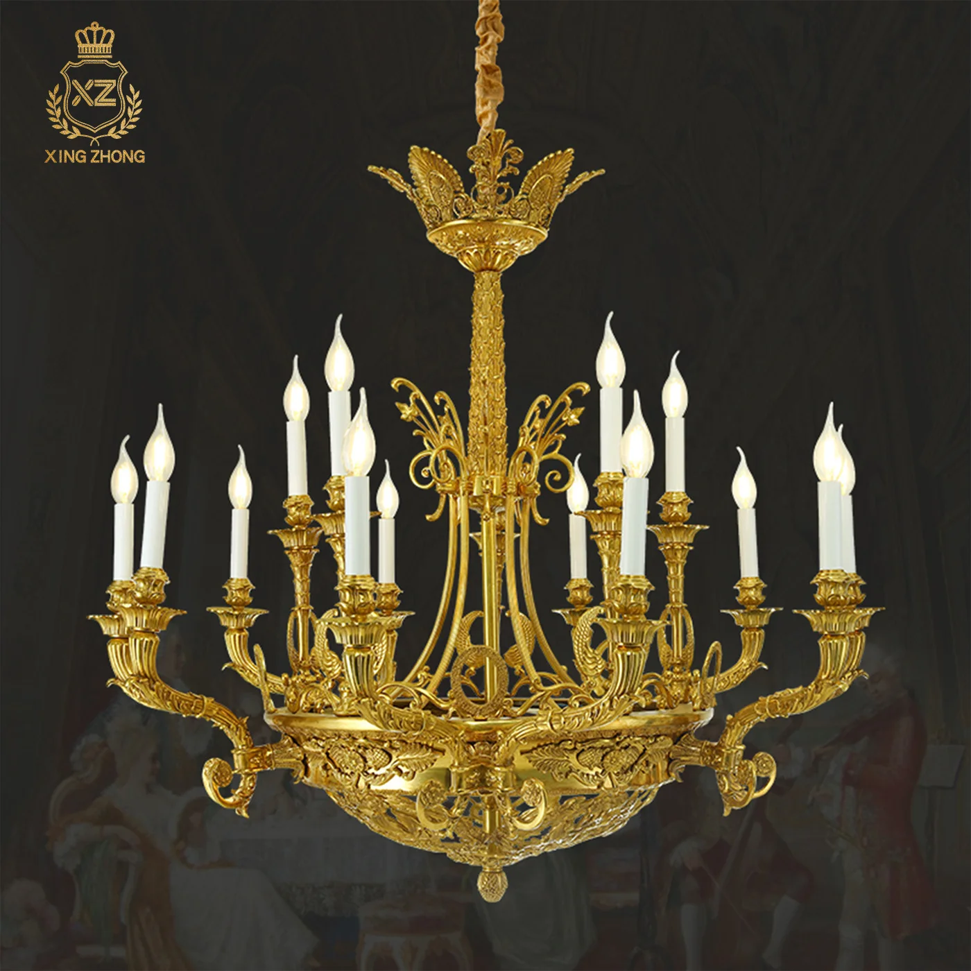 European Baroque Retro Living Room Villa Indoor Dewaxed Copper Chandelier Dining Room Hotel Banquet Hall Big Pendant Light