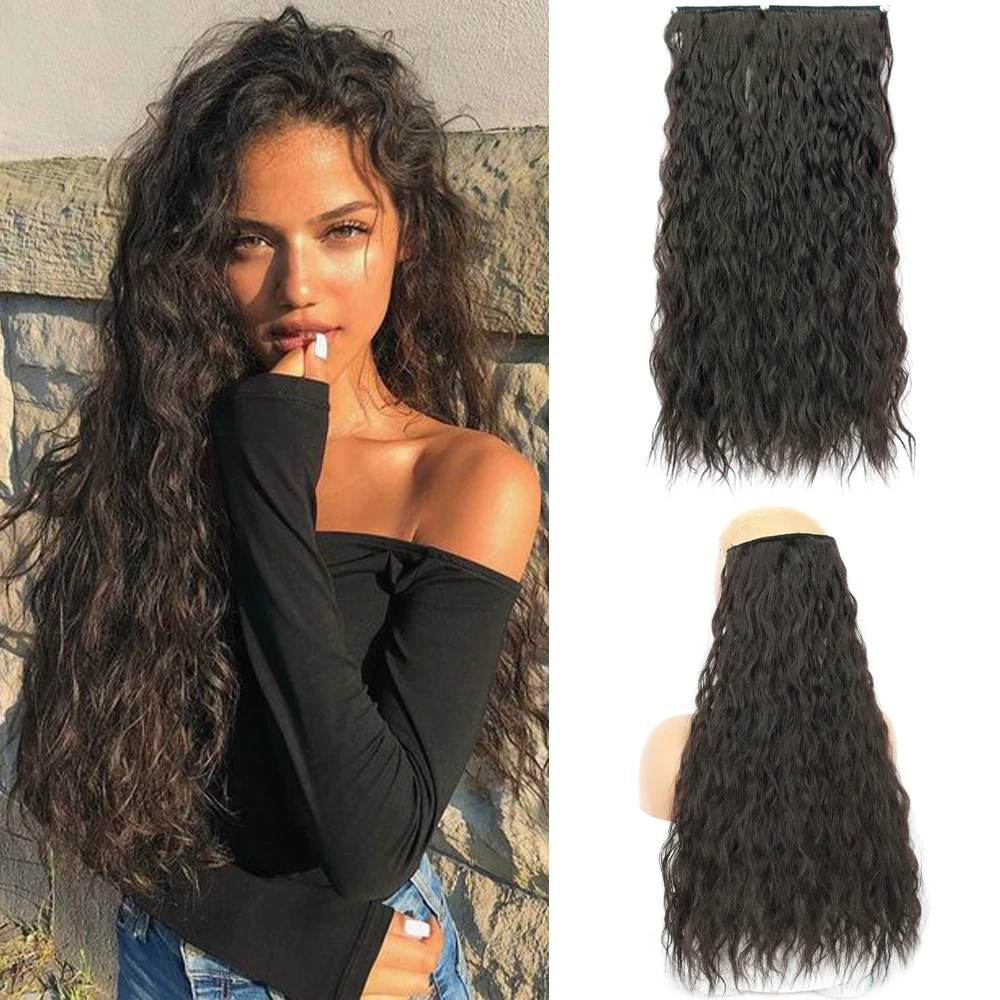 AZQUEEN-extensiones de cabello rizado largo sintético para mujer, peluca negra resistente al calor, 5Clips, 22 pulgadas, adecuado para usar