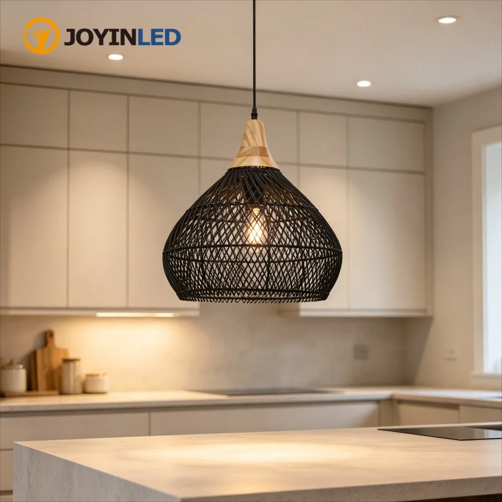 

Vintage Black Rattan Pendant Light 40CM Retro Wicker Chandelier for Dining Table Living Room Bedroom Home Decor Lamp Shade